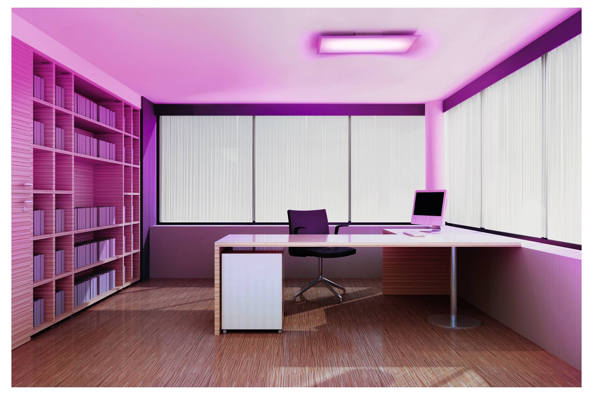 An office room with wooden flooring, a modern desk and chair, computer on the desk, large windows with vertical blinds, and shelves with books. The room is illuminated by pink lighting.