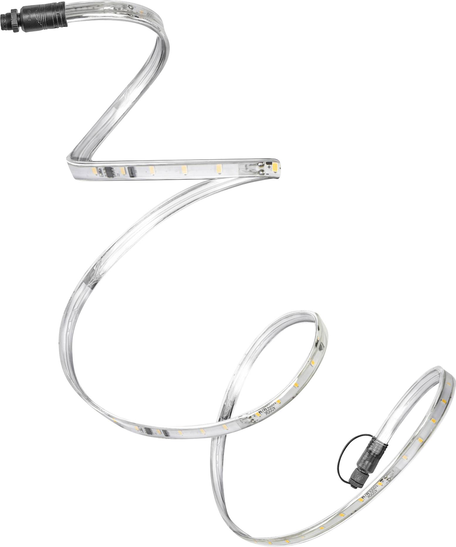 A flexible LED strip light coiled in an S-shape, with connectors visible at each end, indicating its use for custom lighting solutions.