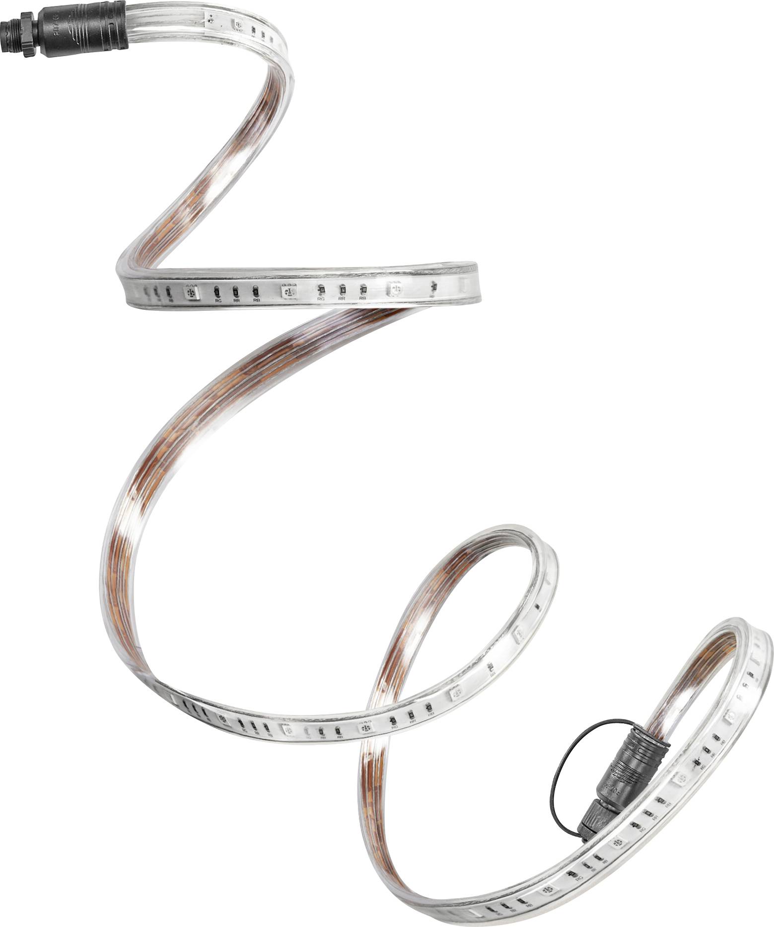 A coiled LED light strip with a connector at one end, displaying a spiral shape. Suitable for flexible lighting applications.