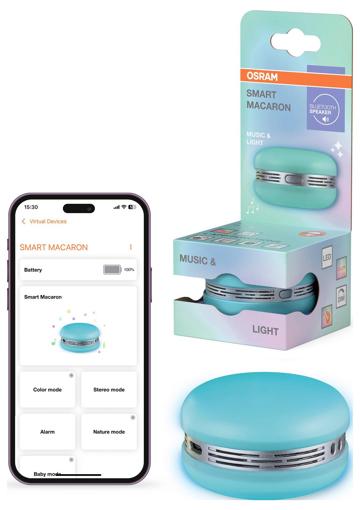 A smartphone displays a control app next to a packaged turquoise smart speaker. The app shows music, light controls, and battery status.