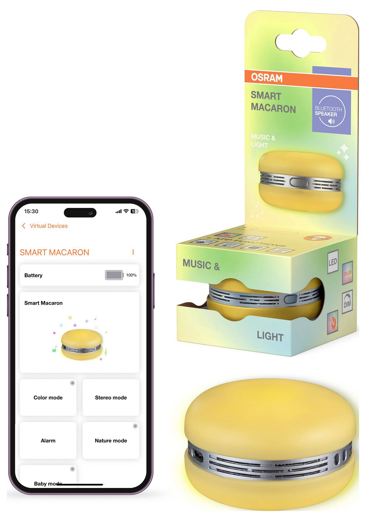 A smart, round light device with app control depicted. The app shows controls for battery, color, stereo, alarm, nature, and baby modes. Packaging included.