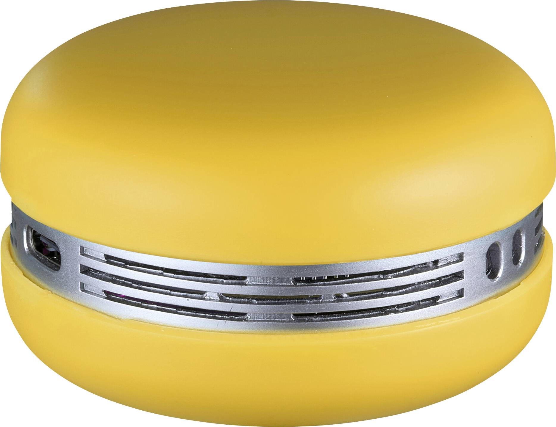 A round, yellow air purifier with a metallic band around its middle, resembling a large macaron.