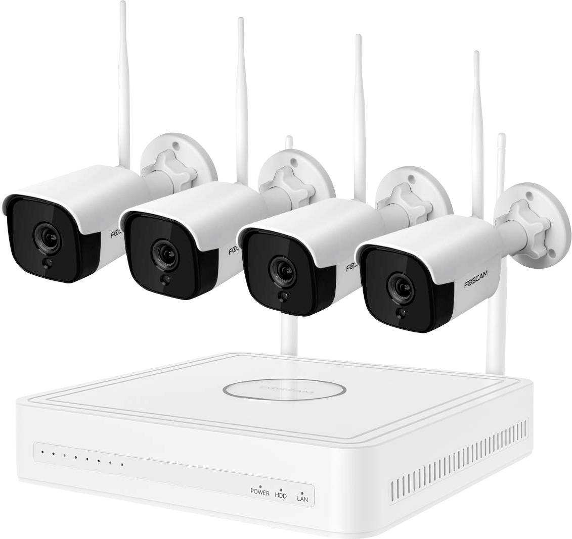 Four white security cameras with antennas are mounted on a wall, positioned above a rectangular white network device.