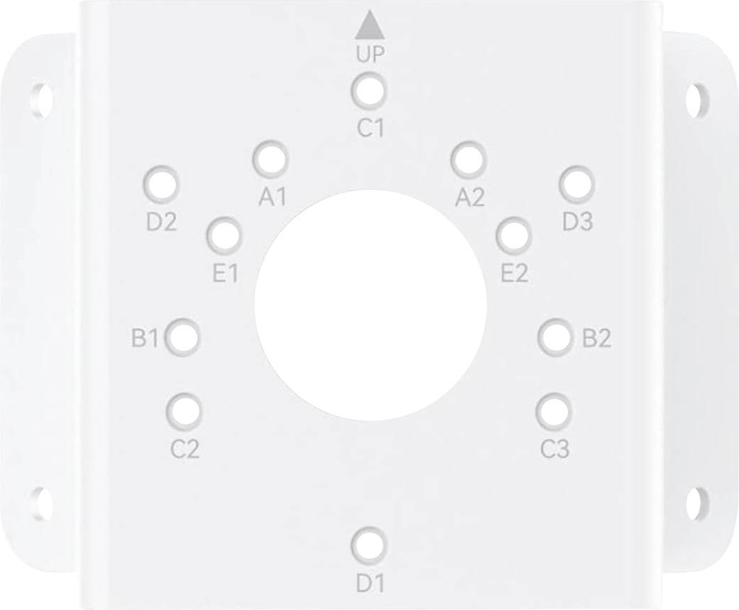 Wall mounting bracket with labeled holes for wiring: A1, A2, B1, B2, C1, C2, D1, D2, D3, E1, E2. Arrow indicates UP.