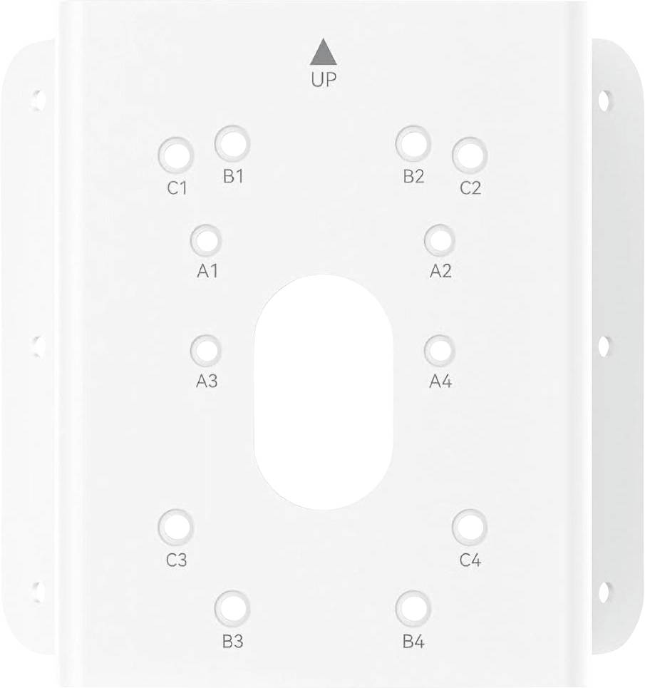 A white rectangular surface with an arrow labeled 'UP' at the top and a symmetrical arrangement of labeled holes, including C1, B1, C2.