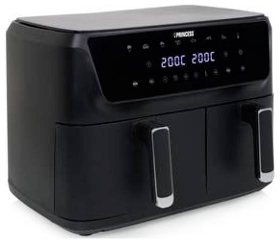 A black dual-basket air fryer with digital temperature control set to 200°C, showing two handles for separate cooking compartments.