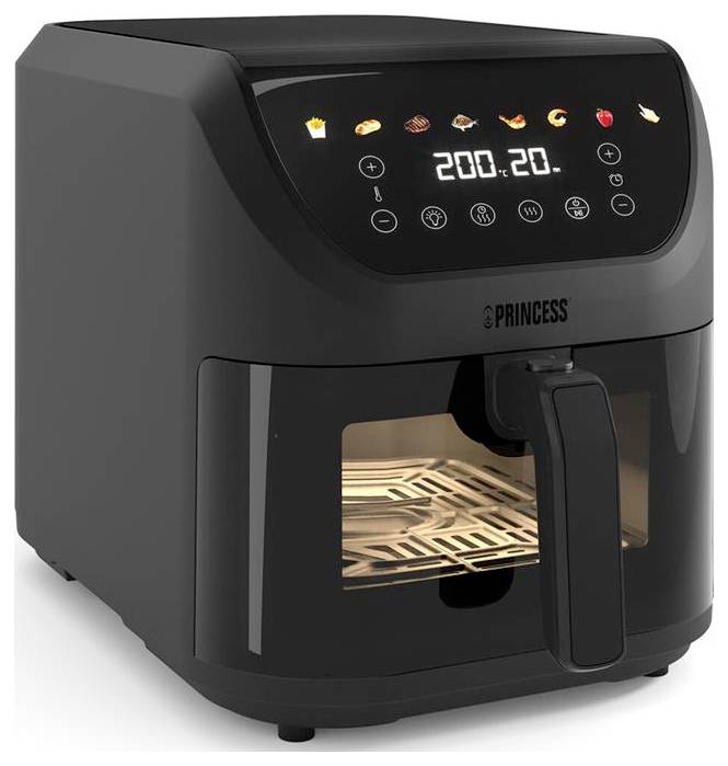 Black air fryer with digital display showing 200 degrees. Various food icons are visible above the display. Brand name on the front.