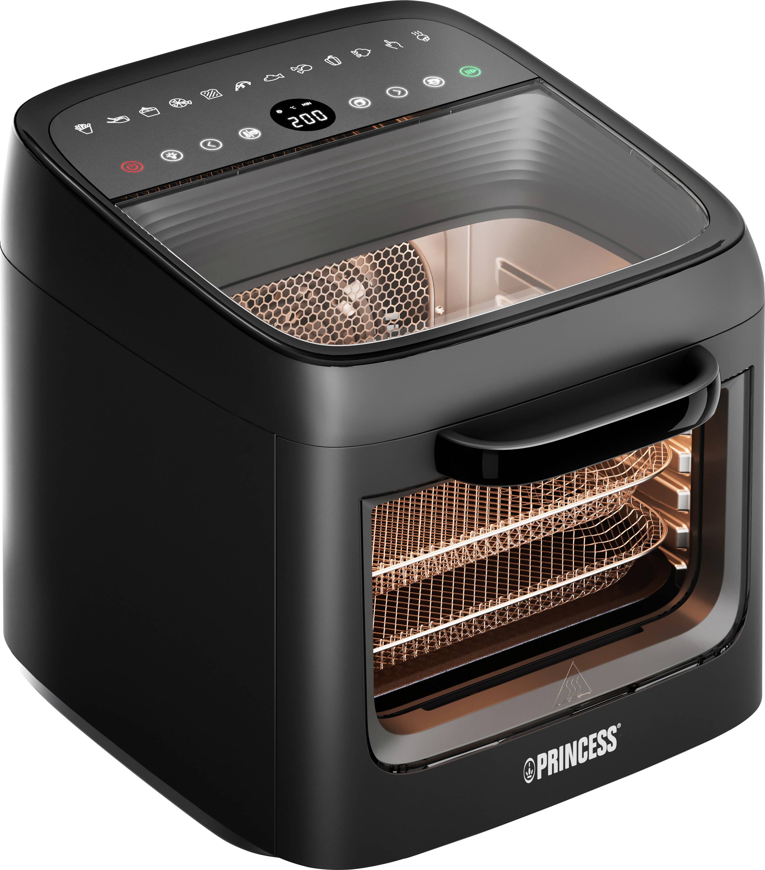Black and copper kitchen appliance with digital controls and wire racks, resembling a multifunctional air fryer and oven.
