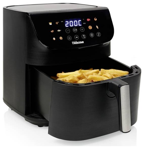 A black air fryer with digital controls set to '200°C' and showing fries in the basket, showcasing its cooking function.