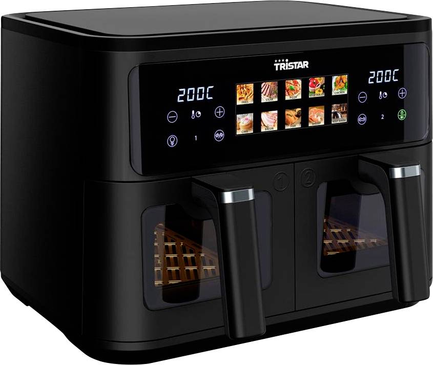 'Tristar' dual-basket air fryer with digital display showing temperature of 200°C and images of nine different food presets.