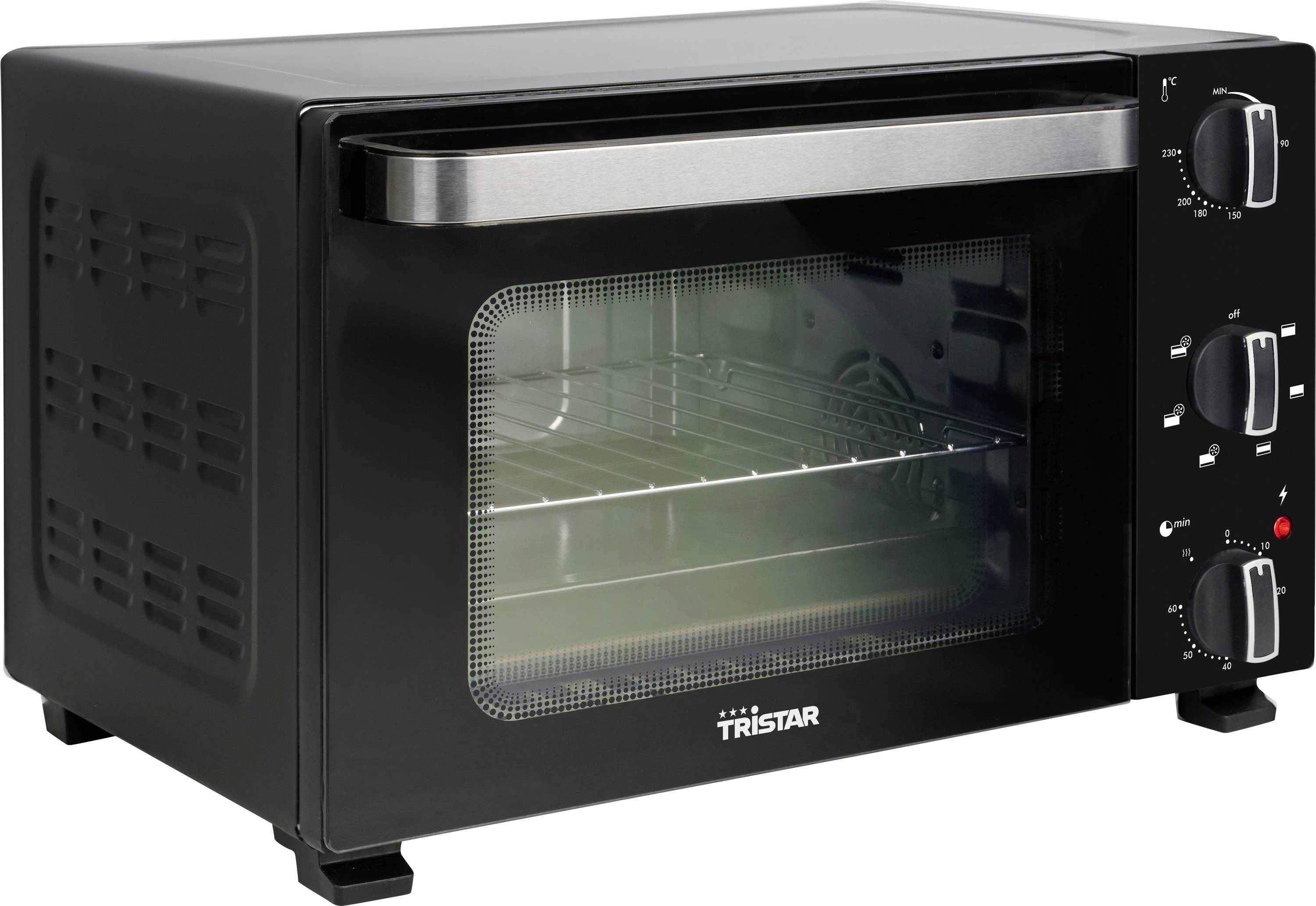 A black countertop oven with a clear front door showing wire racks inside. Three control knobs on the side for temperature, function, and timer.