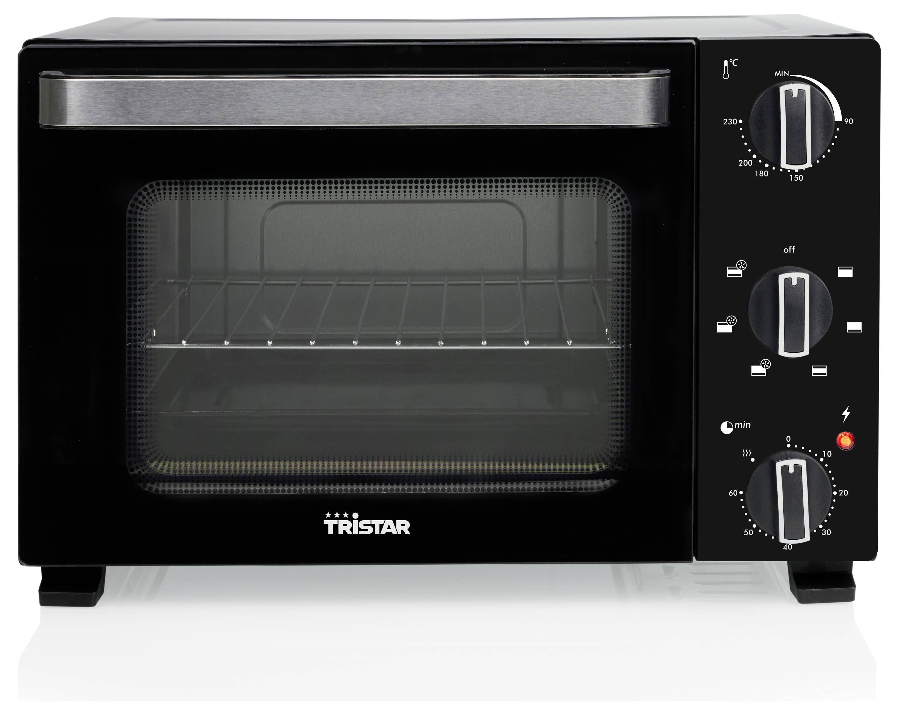 Oven with a transparent door, metal rack inside, and control knobs for temperature, mode, timer, and power on a black panel.