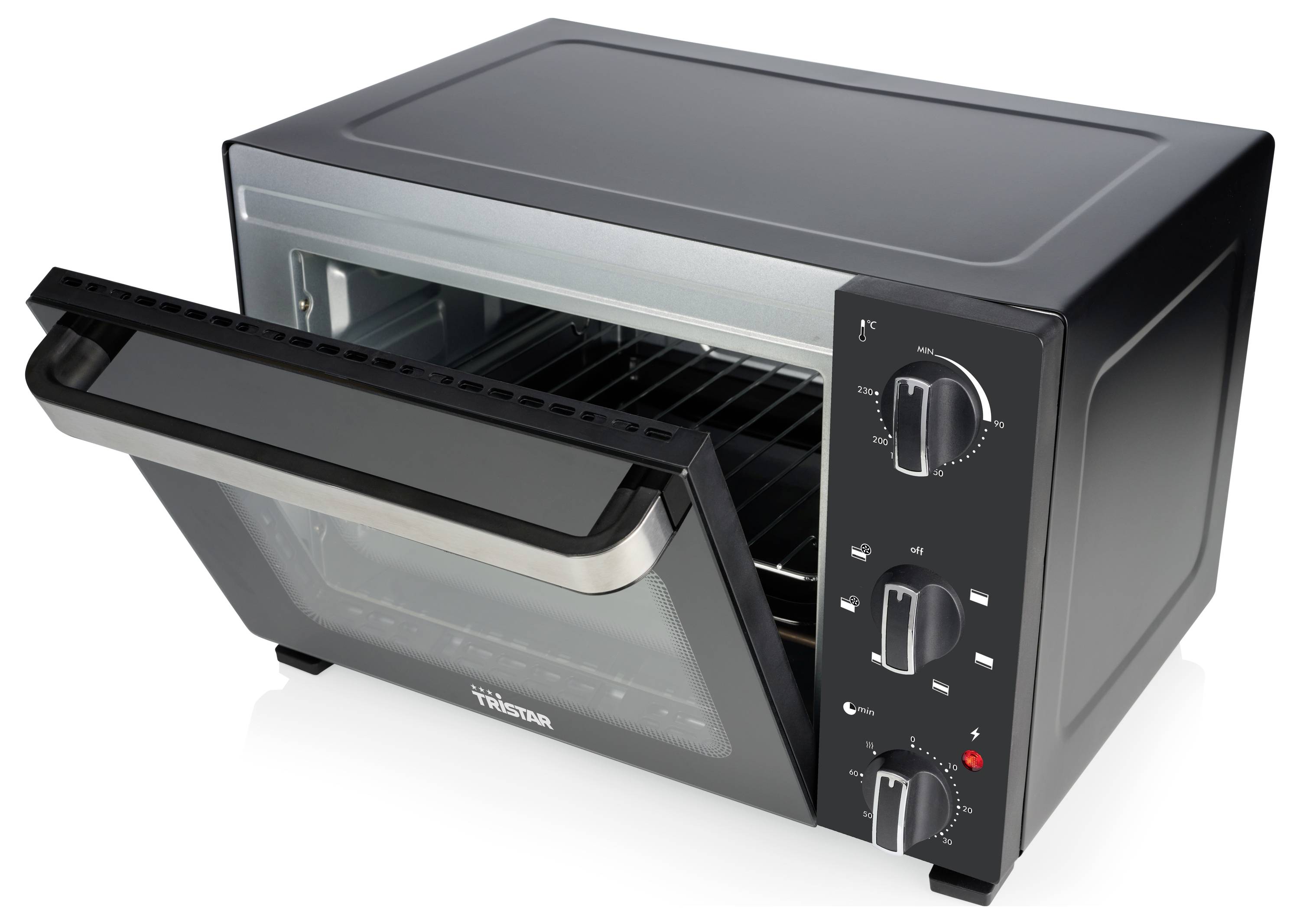 A black countertop toaster oven with an open glass door, showing its metal racks. The front panel has three control knobs.
