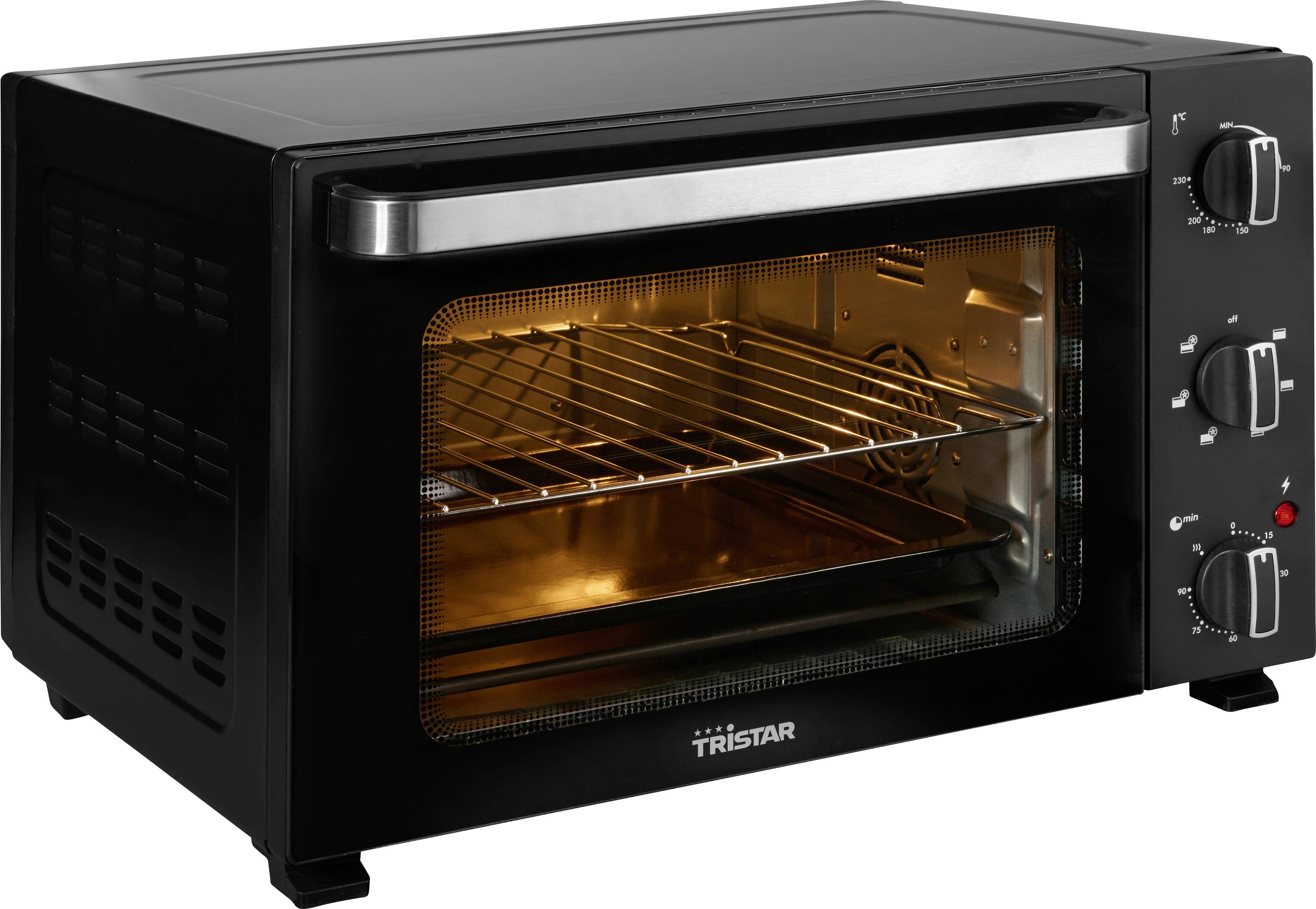 Black countertop electric oven with a transparent door, two wire racks inside, and control knobs on the side for adjusting settings.