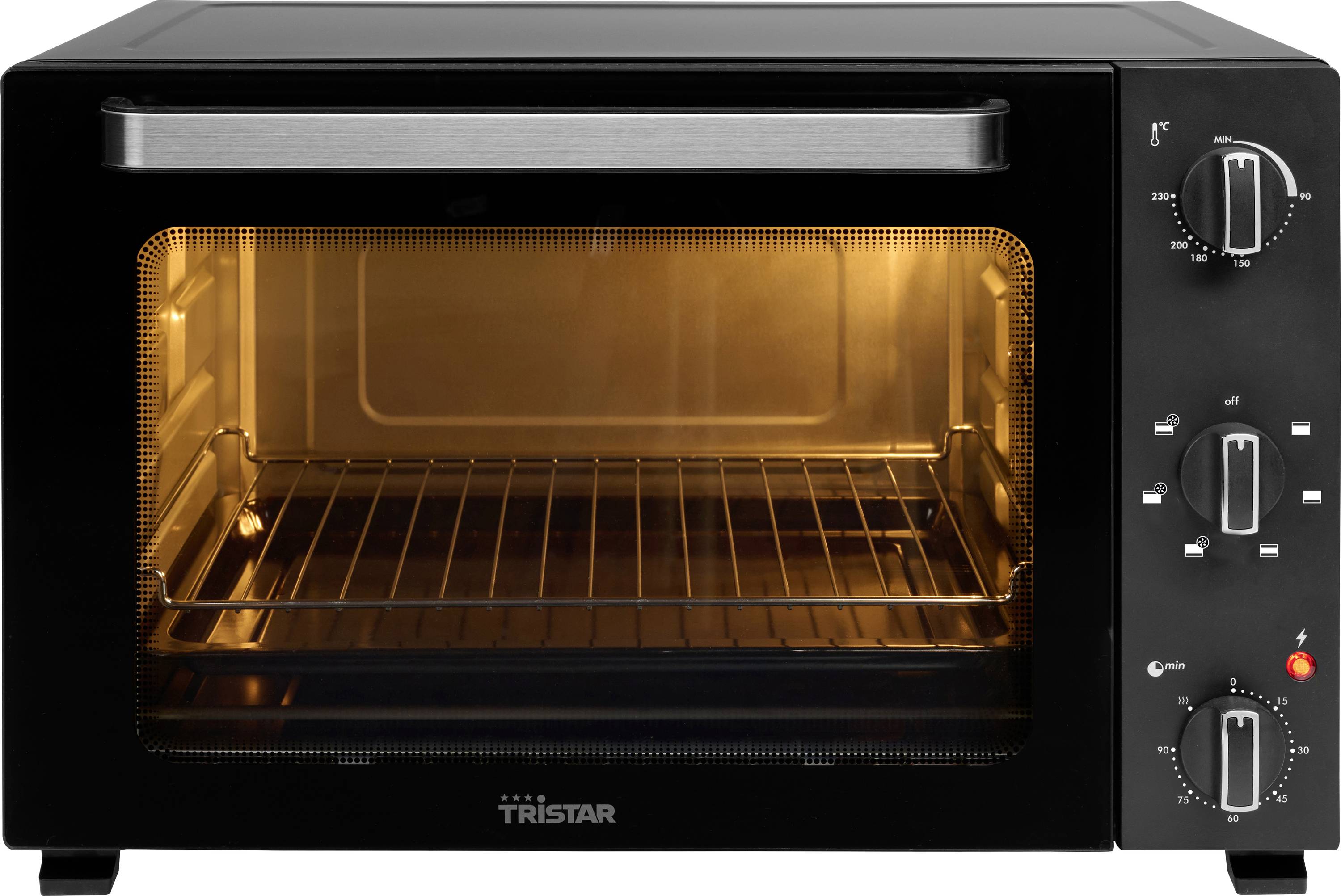 A black countertop oven with an opened door, empty interior, three control knobs on the right, and an interior light on.