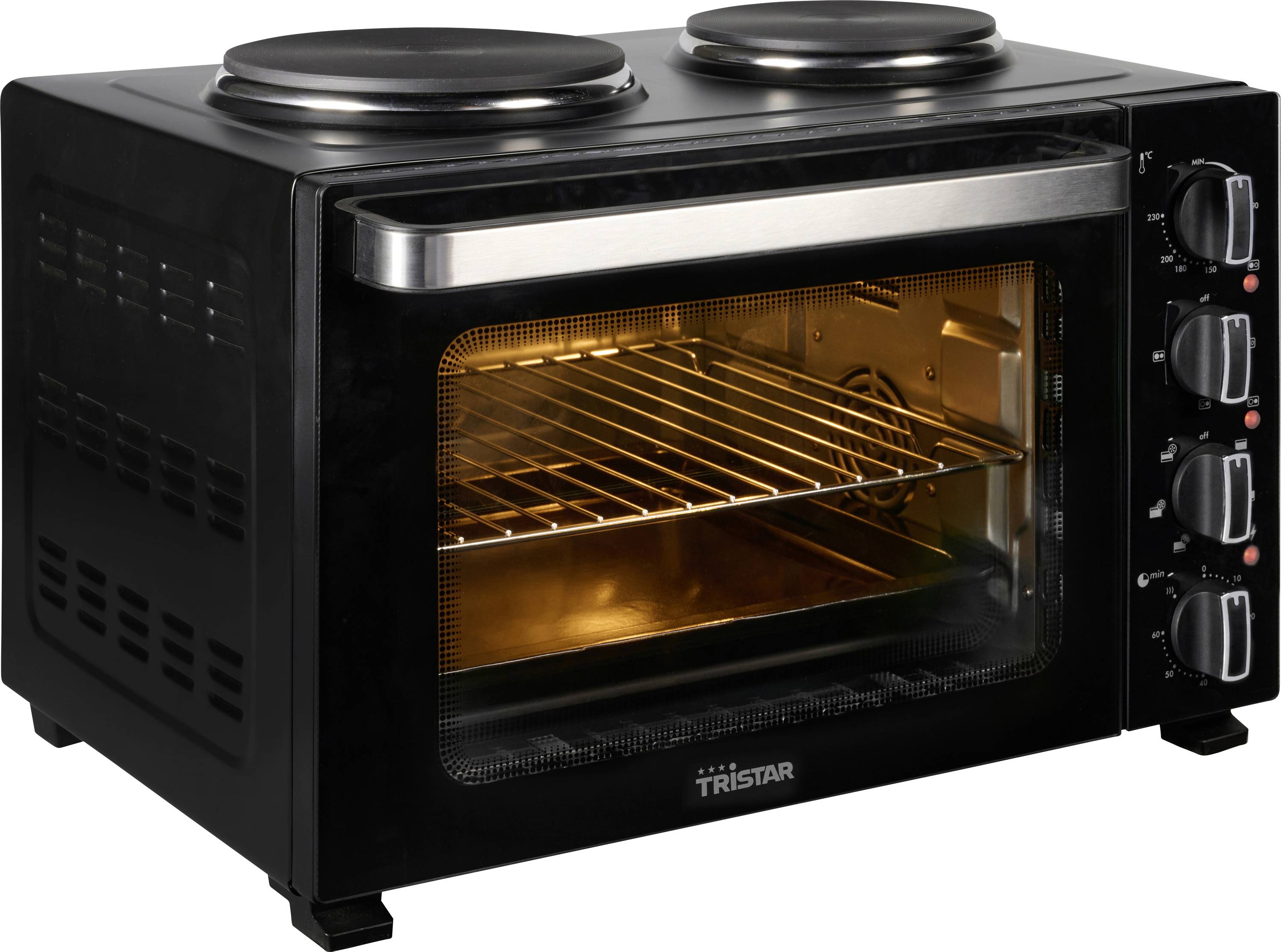 A black countertop toaster oven with two hotplates on top, glass door slightly ajar, and control knobs on the right side.