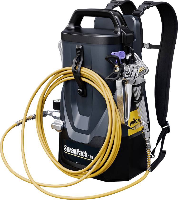 'Wagner SprayPack 18V' backpack-mounted paint sprayer with adjustable straps, attached nozzle, and coiled hose for versatile painting.