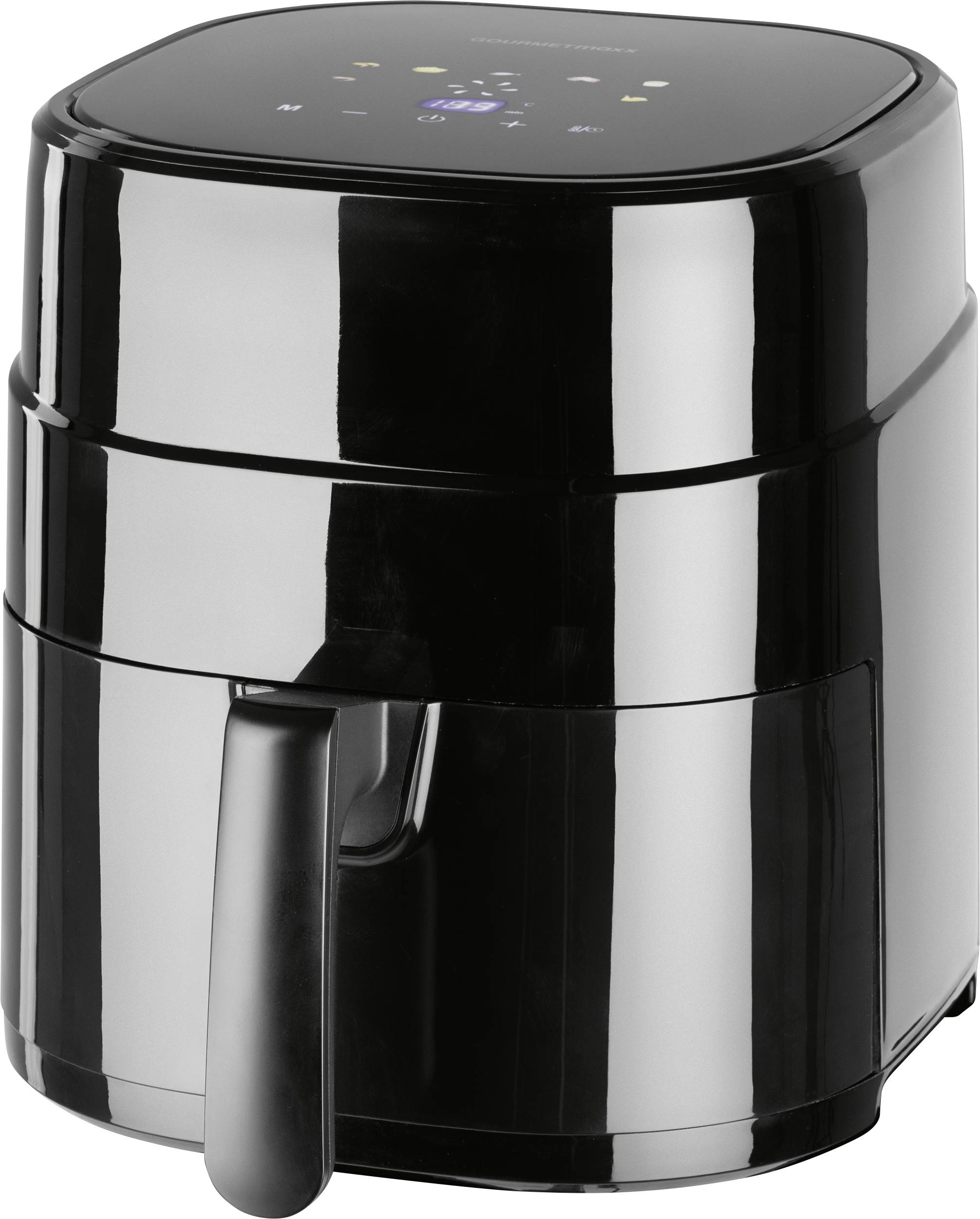 A sleek black air fryer with a digital display on top, featuring a handle and a shiny exterior, designed for cooking with minimal oil.