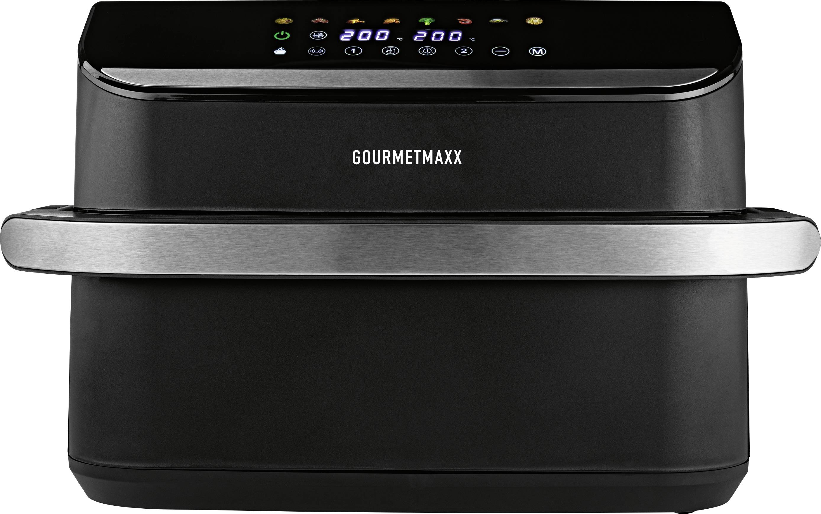 A black air fryer with display showing temperature and time settings, brand name 'GOURMETMAXX.'