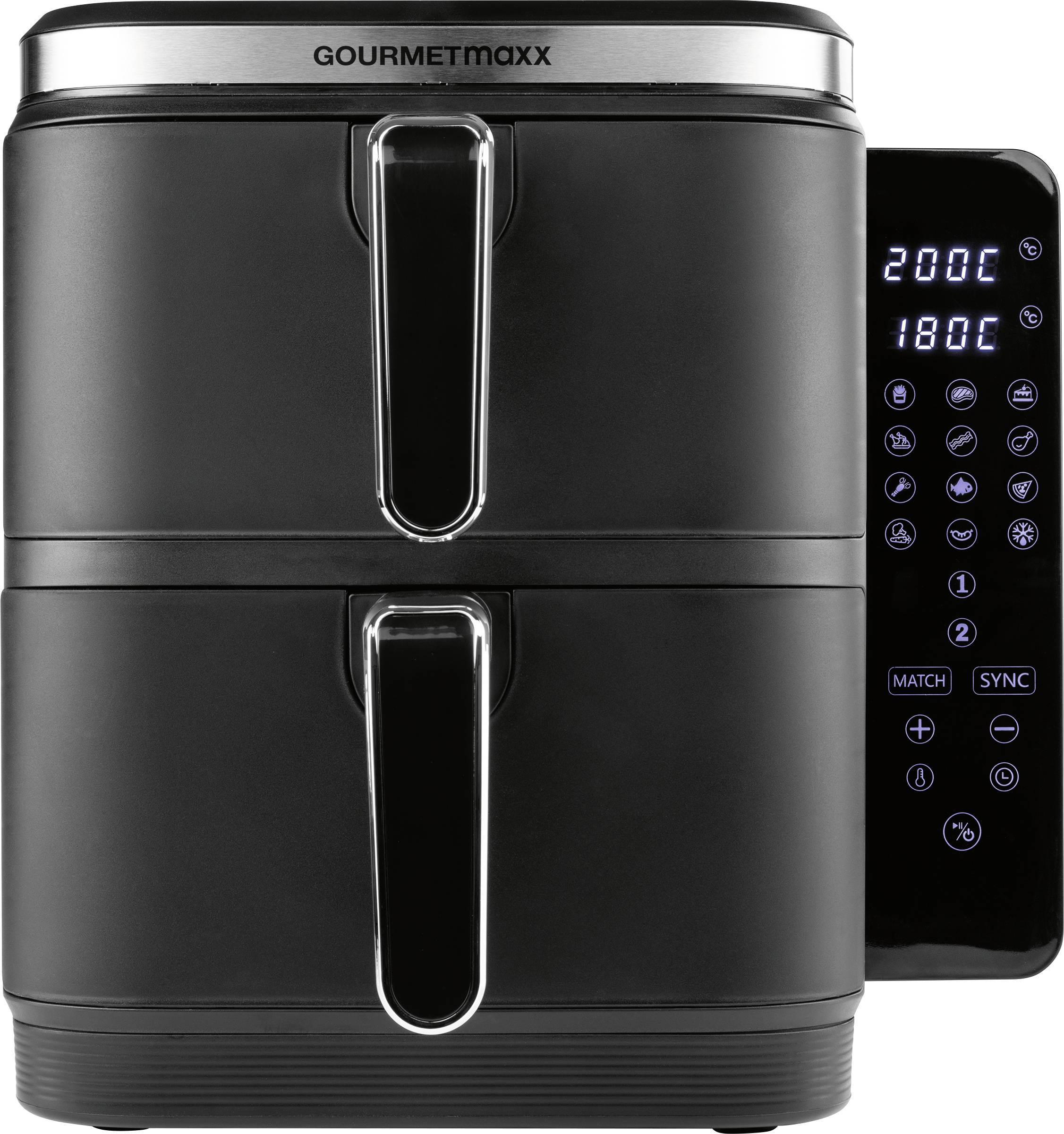'GOURMETmaxx' dual-basket air fryer with digital control panel, displaying 200°C and 180°C. Features match and sync buttons.