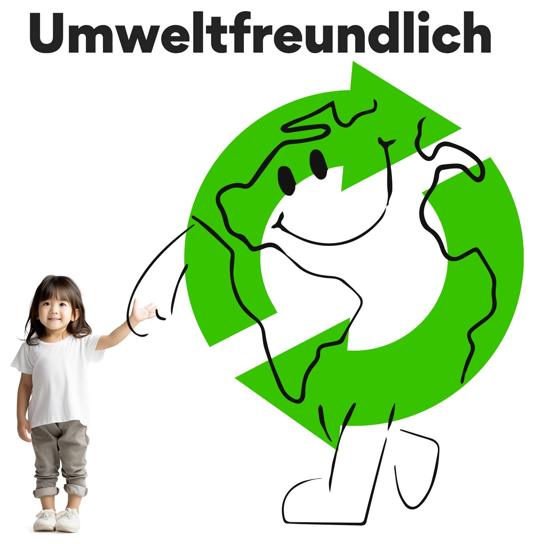A smiling, drawn globe with a green recycling arrow holds the hand of a little girl. Above it reads 'Environmentally Friendly'.