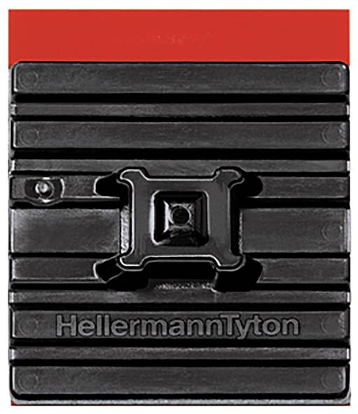 A black cable tie mount on a red background with the brand name 'HellermannTyton' embossed.