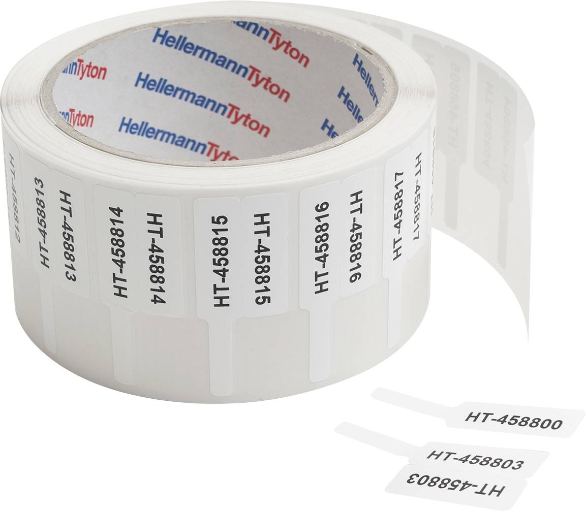 Roll of white labels printed with 'HT-458816' and similar codes, featuring HellermannTyton branding, used for tagging and identification.