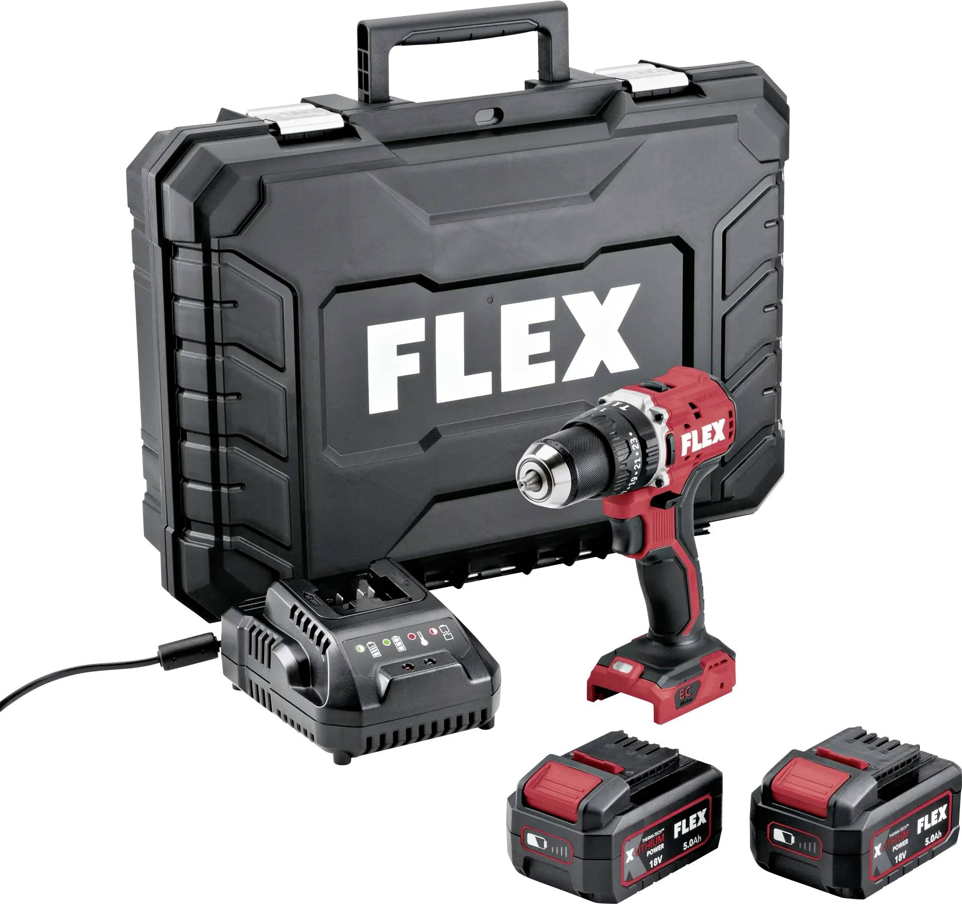 A cordless drill kit including a drill, two batteries, a charger, and a carrying case labeled 'FLEX'.