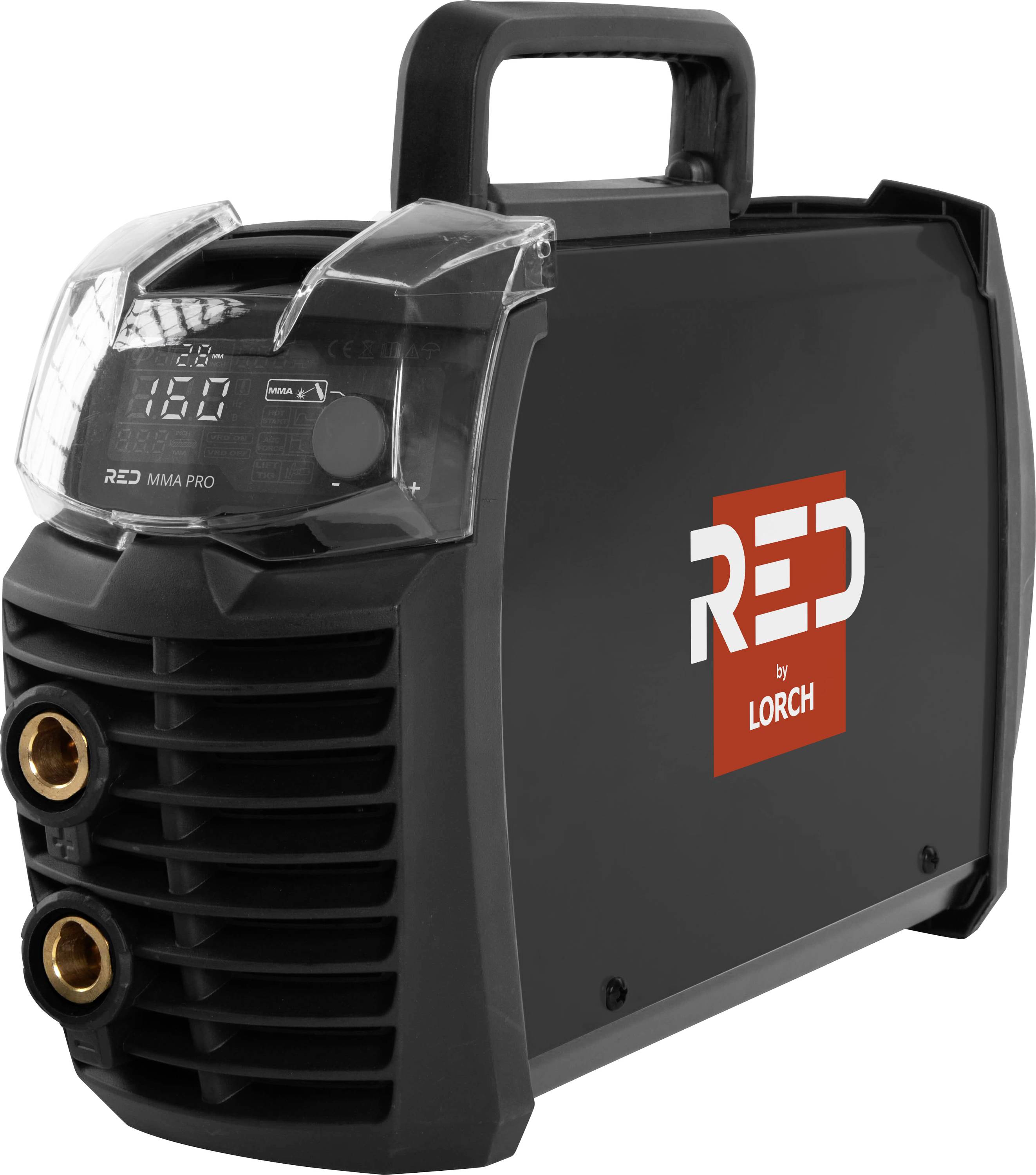 A portable welding machine with digital display showing '160'. It has a red 'RED by LORCH' logo, carrying handle, and two connectors.