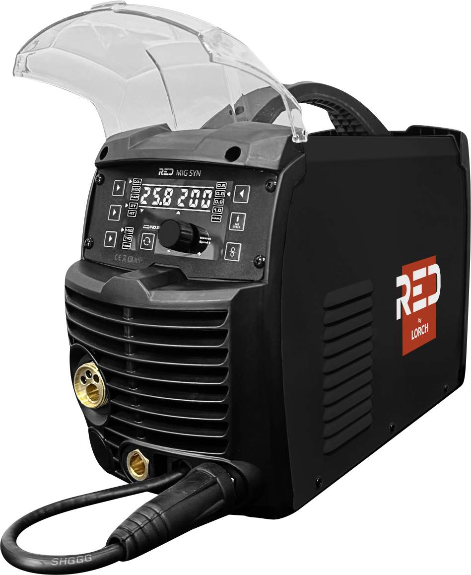 A black and red welding machine with digital display and controls, showing settings and connections for cables. The brand logo is visible.