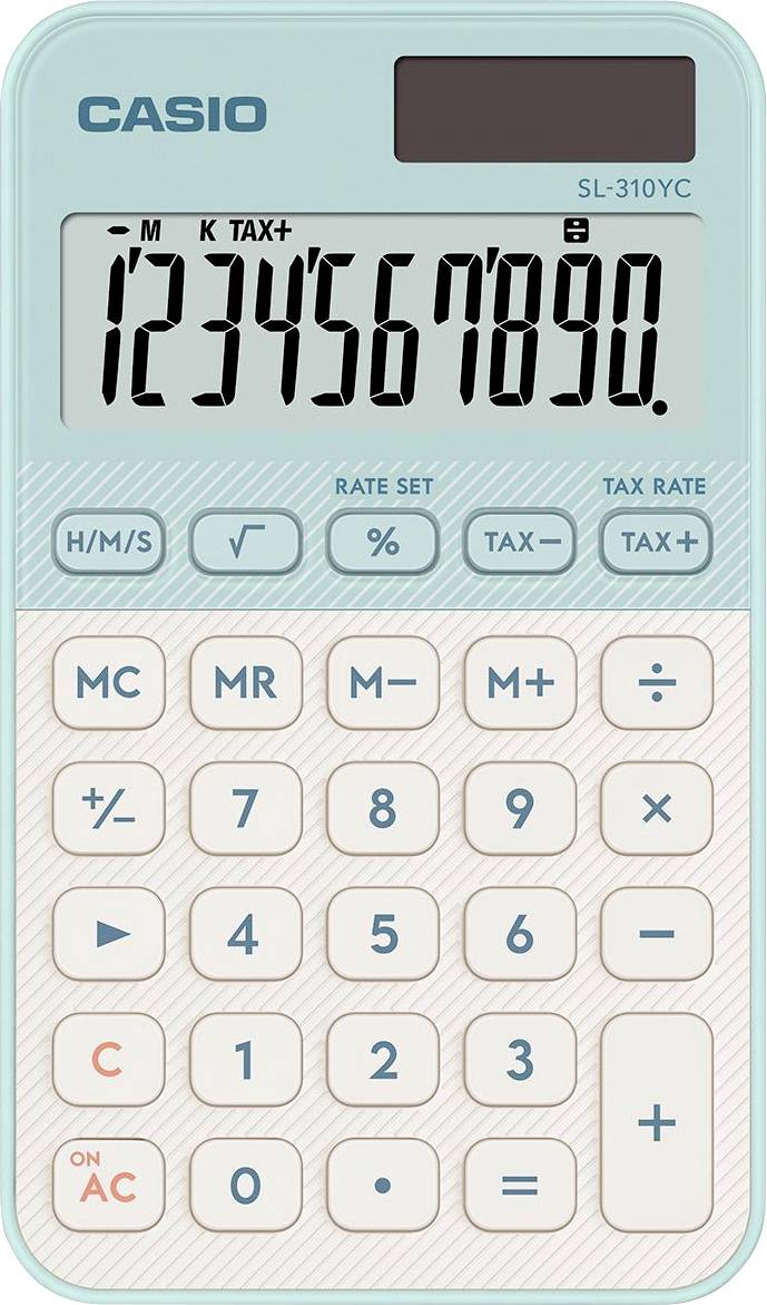 A light green calculator with large display showing numbers '1234567890'. Features functions like percentage, tax, memory recall.