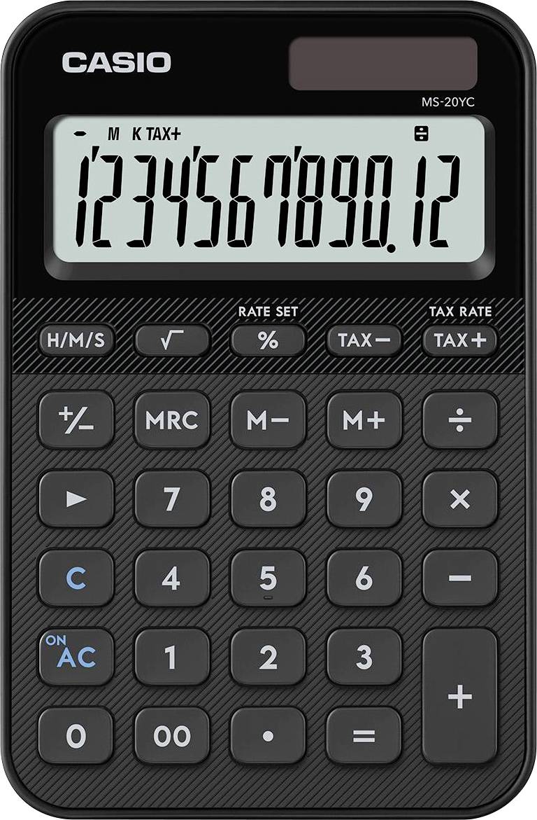 A black calculator displaying the numbers '1234567890.12' on its screen, featuring buttons for various arithmetic and tax functions.