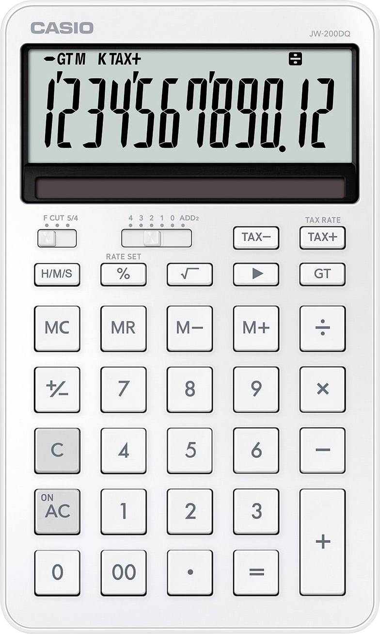 A white calculator shows the numbers '1234567890.12' on its display. It has various function buttons, including tax and memory operations.