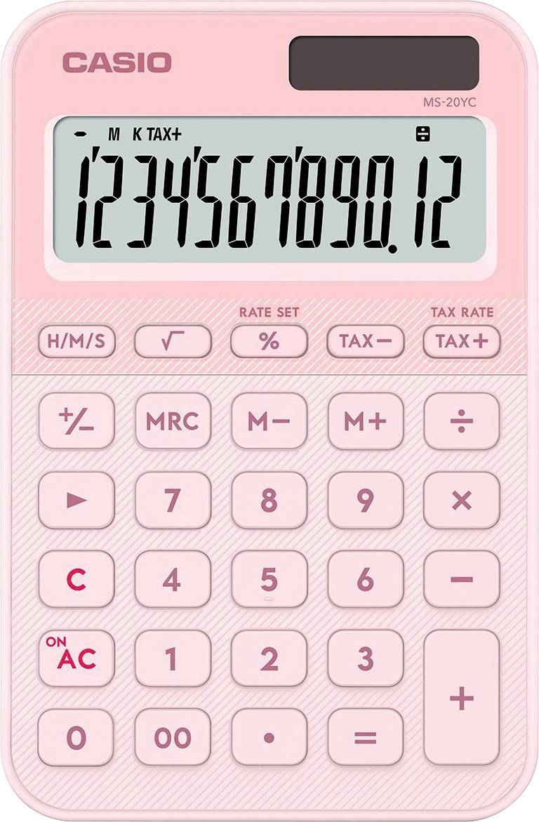 Pink calculator displaying '1234567890.12'. Casio brand, features tax functions, percentage, and memory buttons.