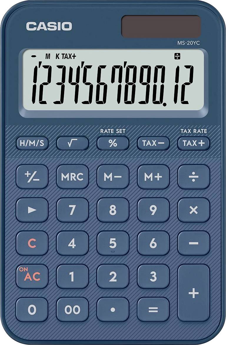 A blue calculator displaying numbers '1234567890.12' on the screen, with multiple buttons including numerical keys, operation symbols, and a tax calculation button.