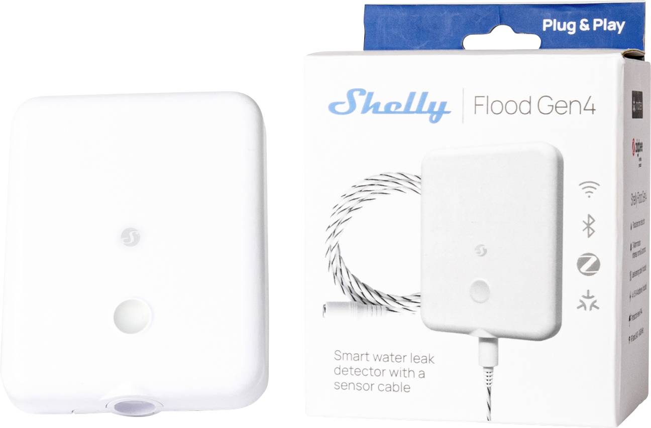'Shelly Flood Gen4' smart water leak detector with sensor cable shown next to its packaging. The box highlights plug & play feature.