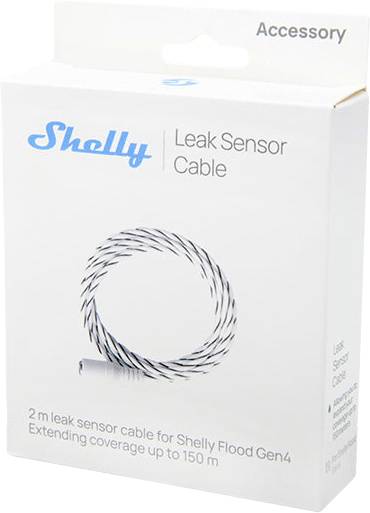 Box displaying 'Shelly Leak Sensor Cable.' Indicates 2m cable for Shelly Flood Gen4. Extends coverage to 150m. White background.