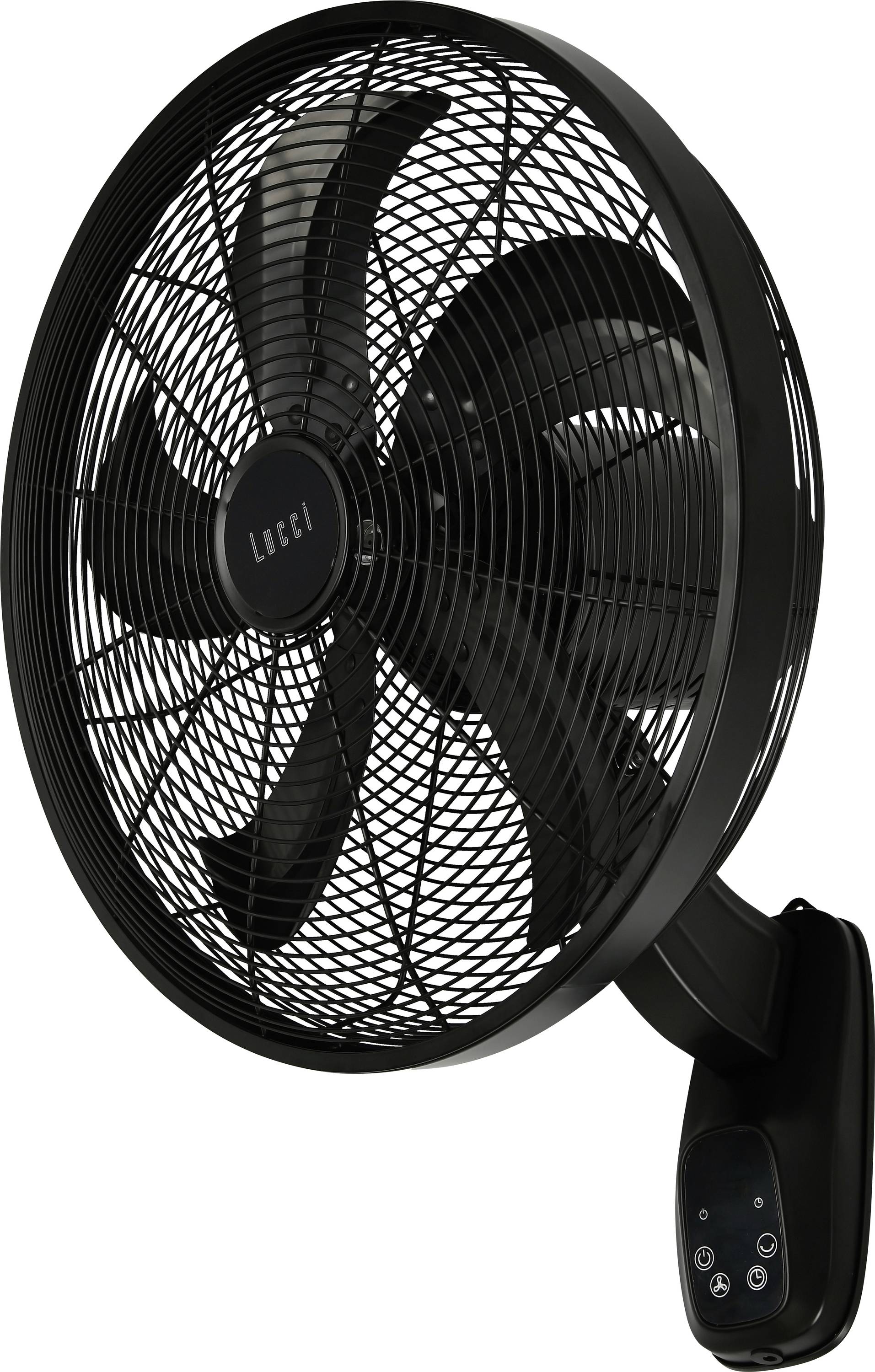 A black wall-mounted electric fan with five blades and a control panel at the base, designed for cooling large indoor spaces.