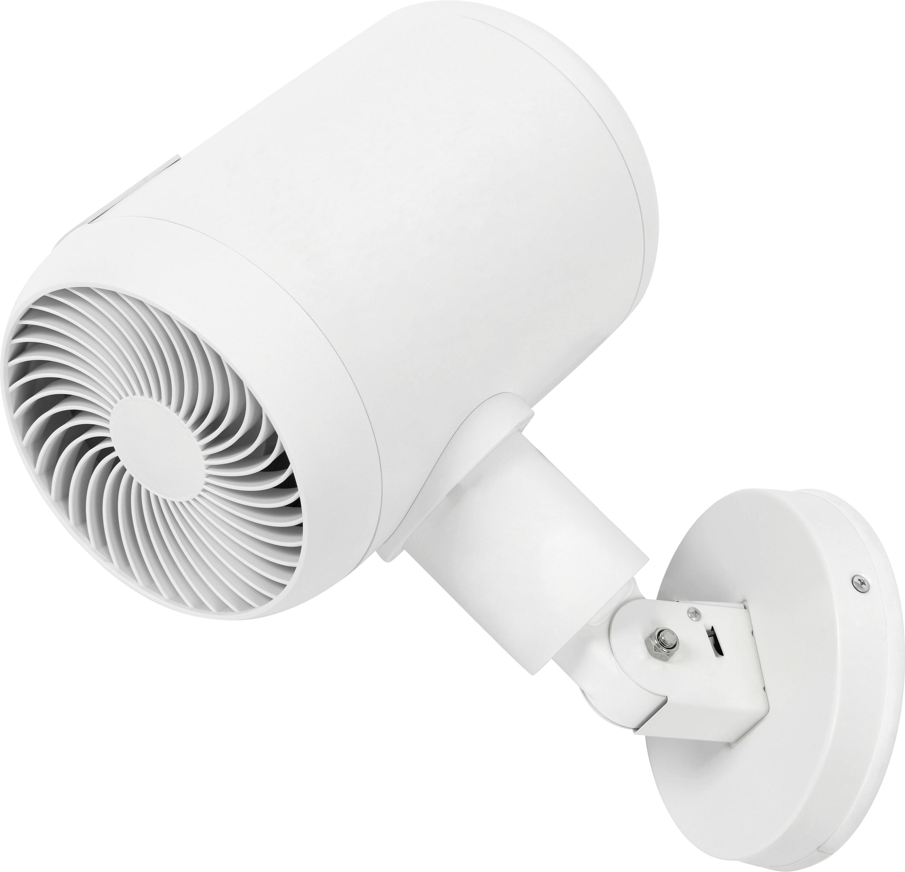 A white wall-mounted spot fan with a cylindrical design and adjustable head, suitable for targeted air circulation in small spaces.