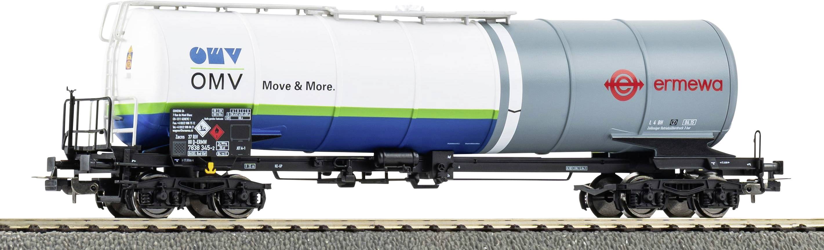 A white and gray train tank car with 'OMV Move & More' and 'ermewa' logos on a track. The car features a green and blue stripe.