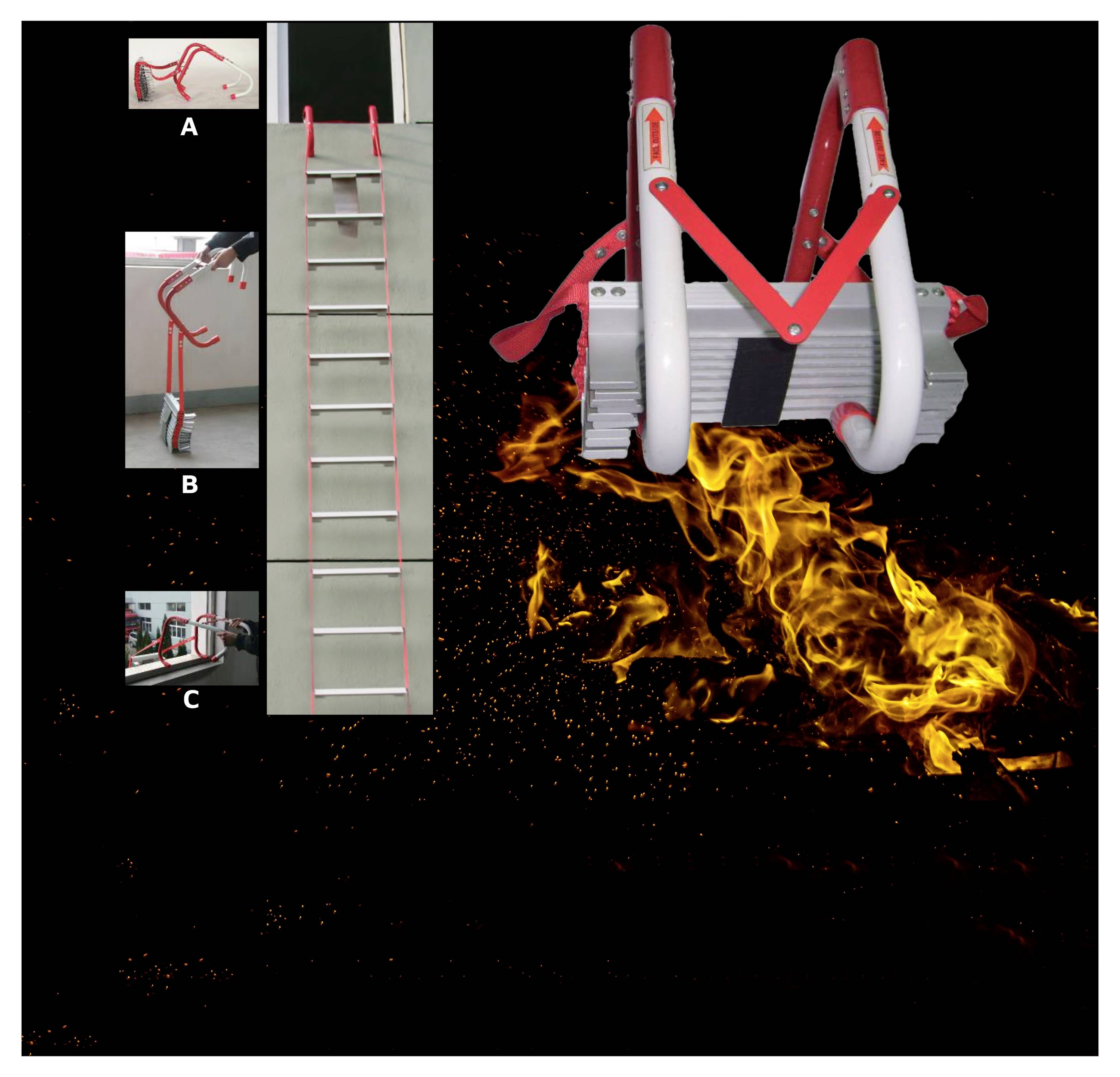 'Fire escape ladder demonstration: A: hooks over window. B: ladder extended down wall. C: ladder's retracting mechanism. Flames in background.'