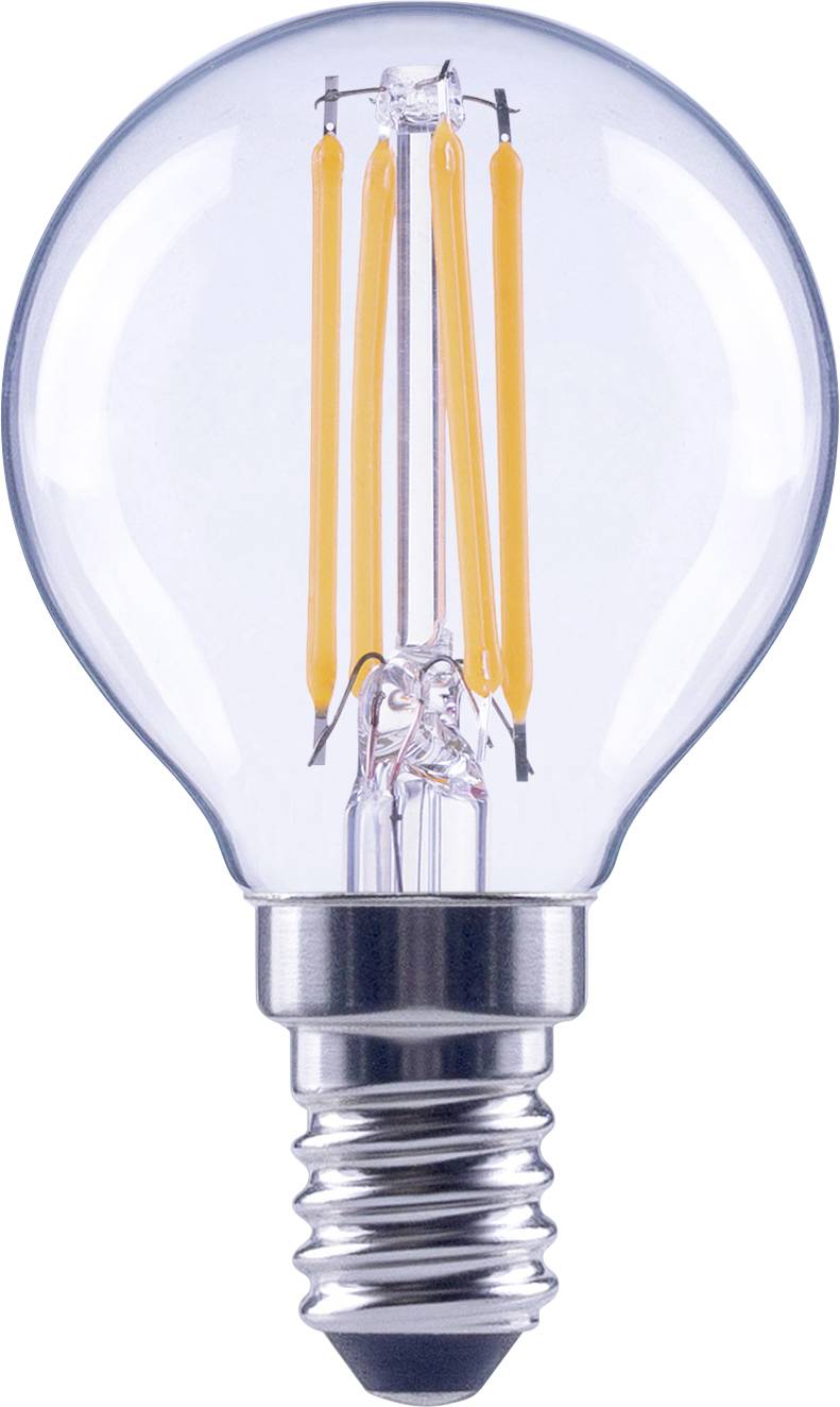 A clear LED bulb with visible filaments, set against a plain background.