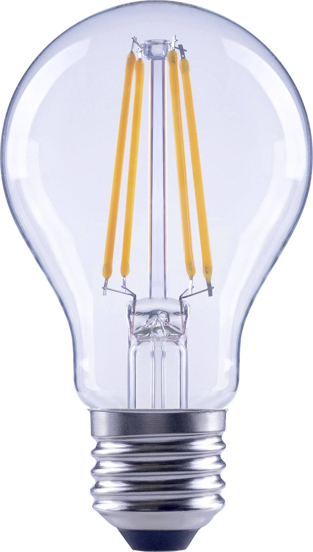 A clear LED light bulb with a visible filament is centered against a plain background, showcasing its modern and energy-efficient design.