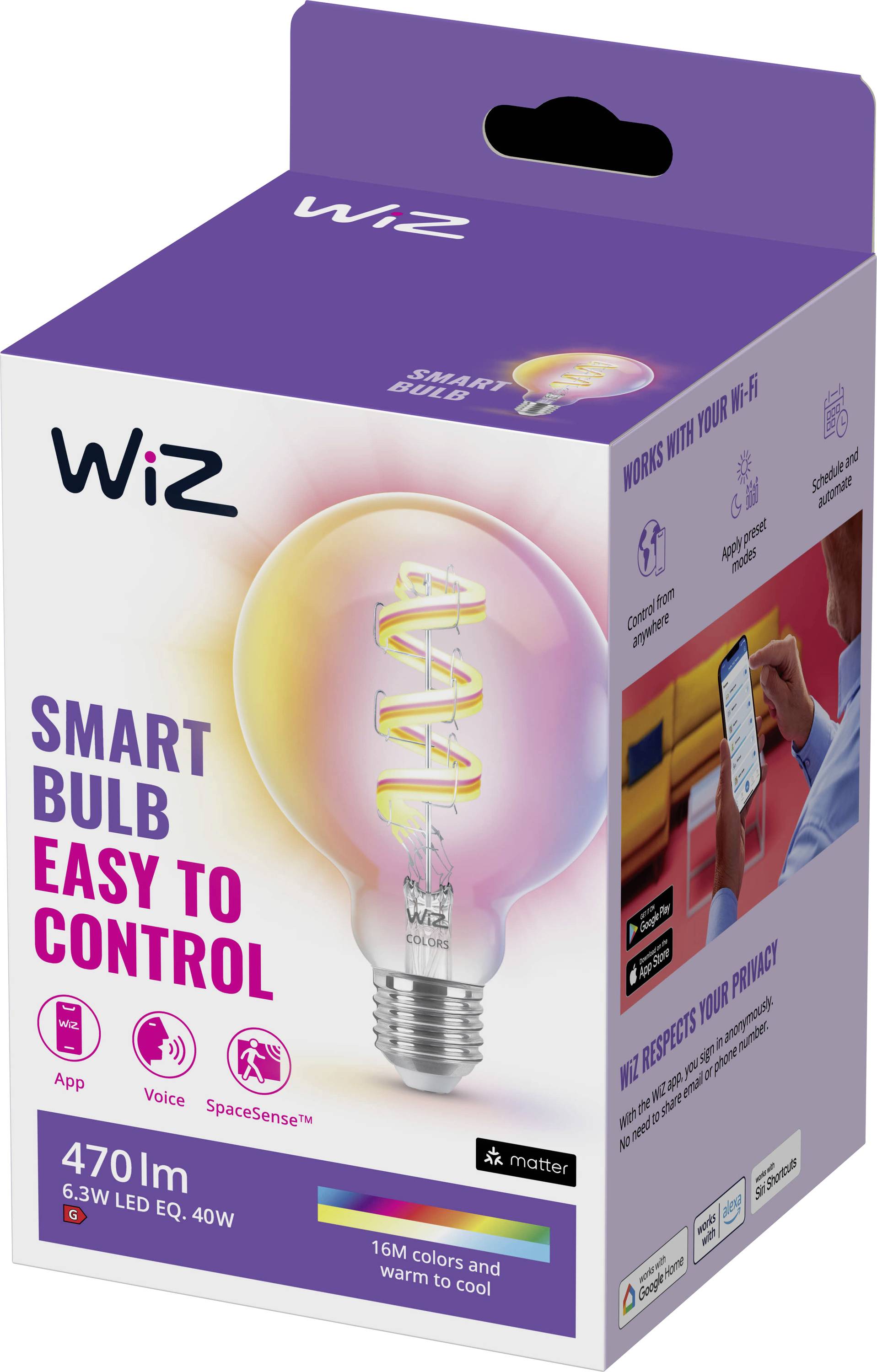 'WiZ Smart Bulb' packaging showing a filament LED bulb. Features: app control, voice assistant, 16M colors, 6.3W LED equivalent to 40W, 470 lumens.