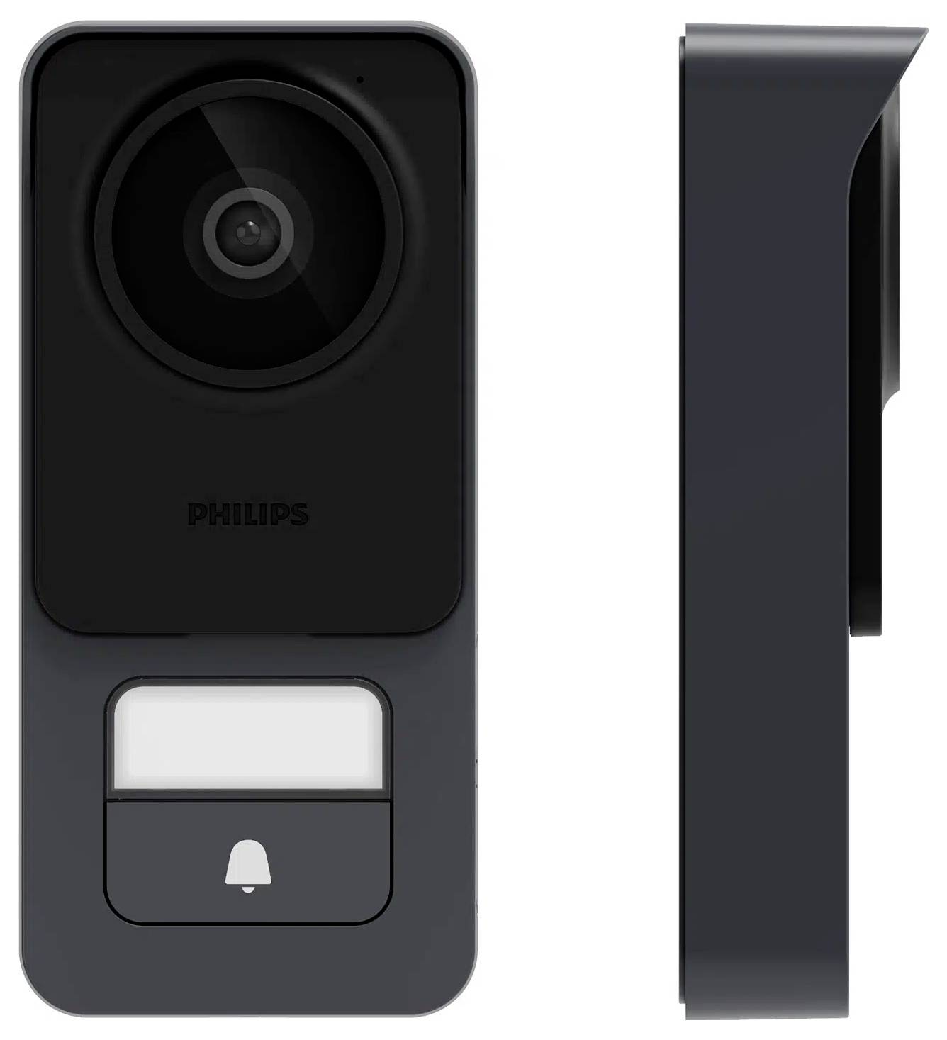 A Philips smart doorbell camera is shown, featuring a lens and a doorbell button below it. The side view highlights its slim design.