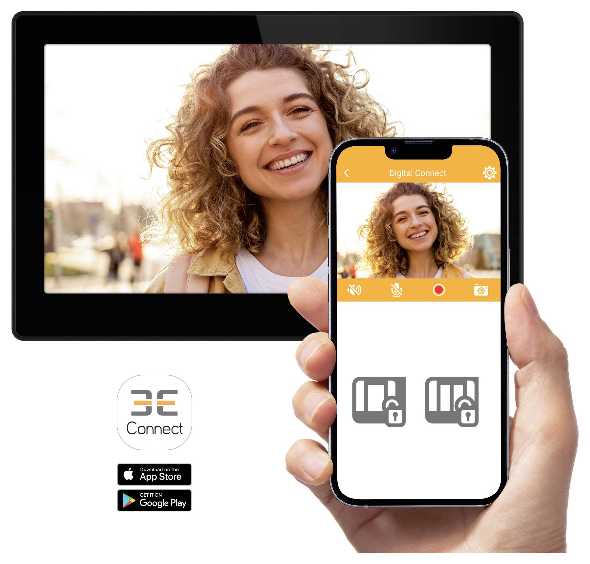 A hand holding a smartphone displaying a smiling person, mirrored on a tablet screen behind. Logos indicate available apps on App Store and Google Play.