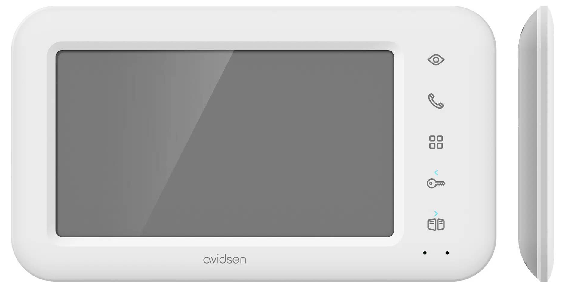 A rectangular video intercom screen with three side buttons: eye, phone, and key symbols, used for monitoring and access control.