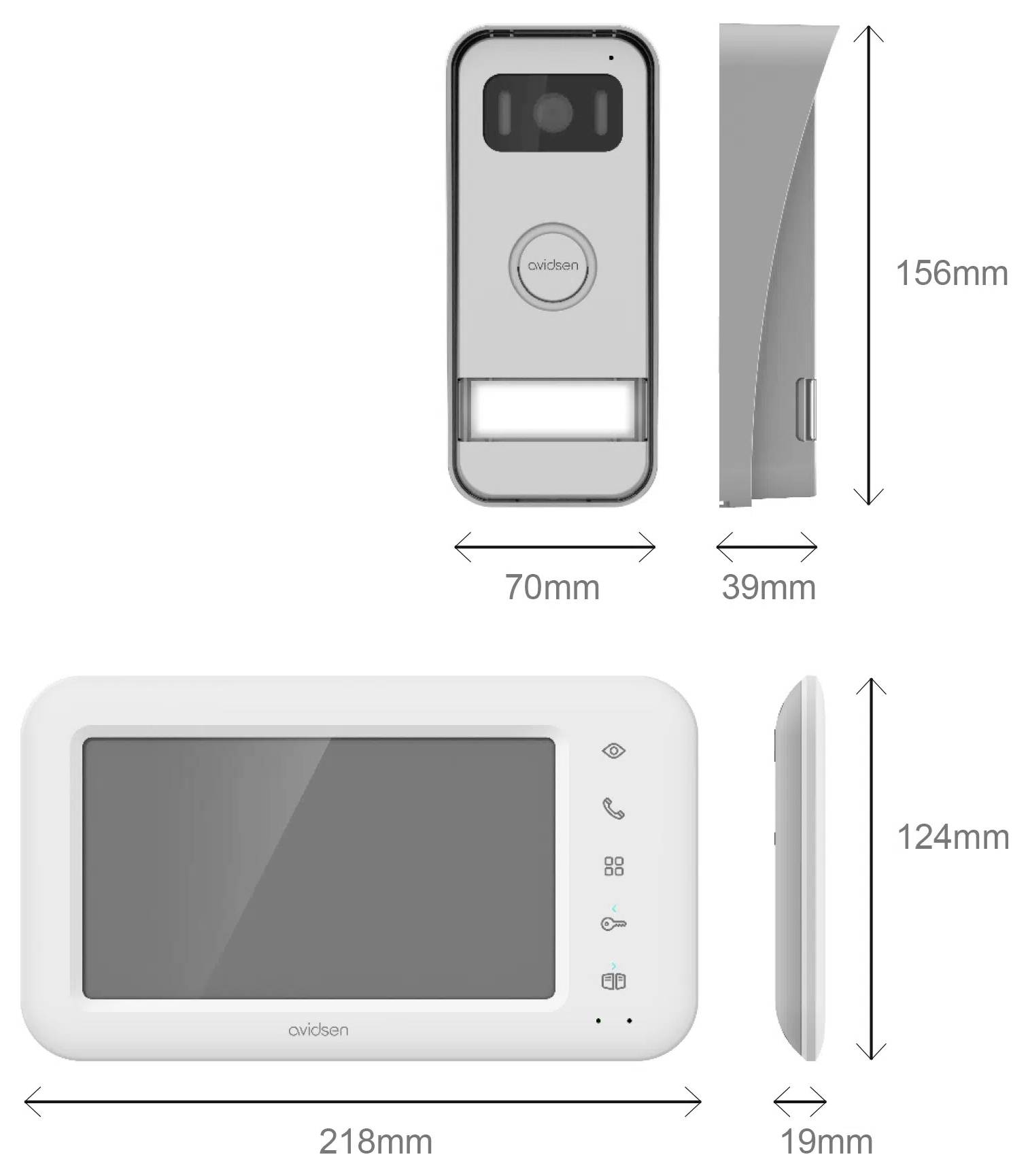 Video doorbell system with camera and speaker dimensions: 70mm (width) x 156mm (height) x 39mm (depth). Monitor: 218mm x 124mm.