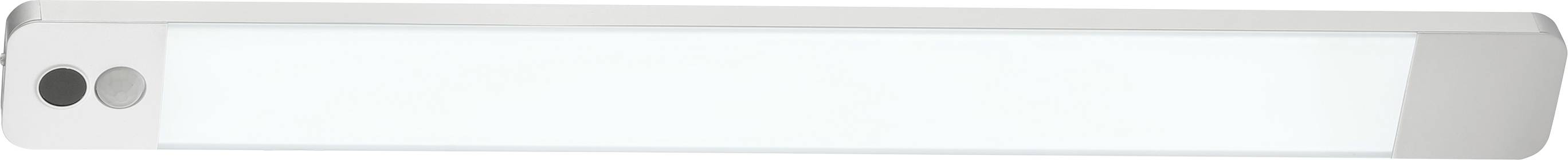 A rectangular LED light fixture with a frosted cover, featuring two buttons on the left side for control.