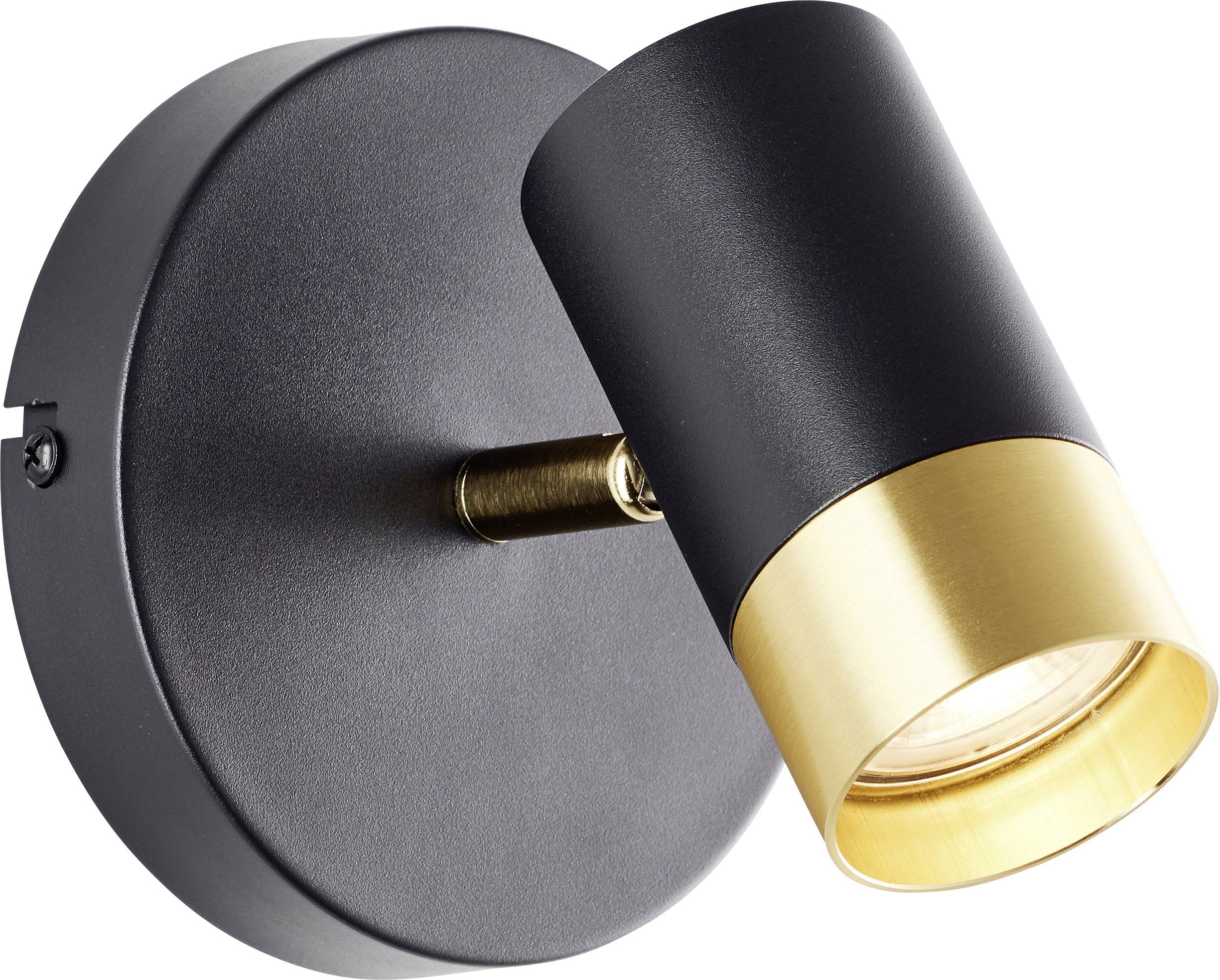 A modern wall-mounted spotlight with a black cylindrical body and gold trim.